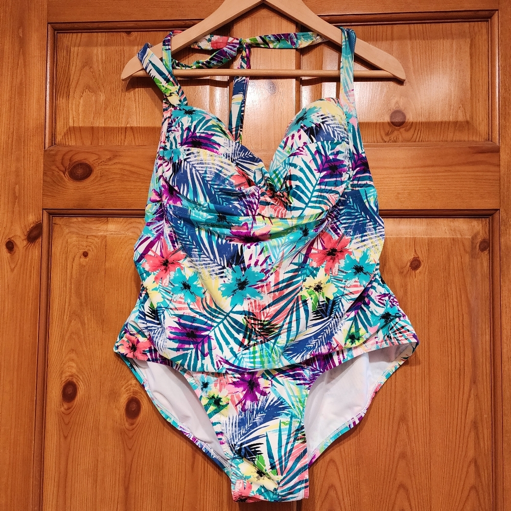 Catalina Halter Top One Piece Tropical Pattern Swimwear, 2X